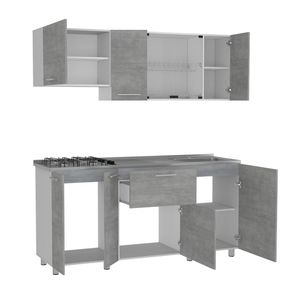 Cocina Integral Linar, Cemento y Blanco, incluye mesón derecho en acero inoxidable