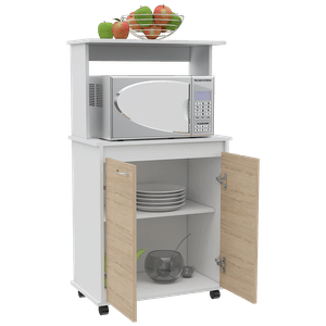Modúlo Microondas Palma, Blanco y Beige, con dos puertas abatibles y rodachinas para su fácil desplazamiento