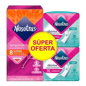 Oferta Tampones Nosotras Con Aplicador Supero X 8 Und + Protectores Largos X 10Und